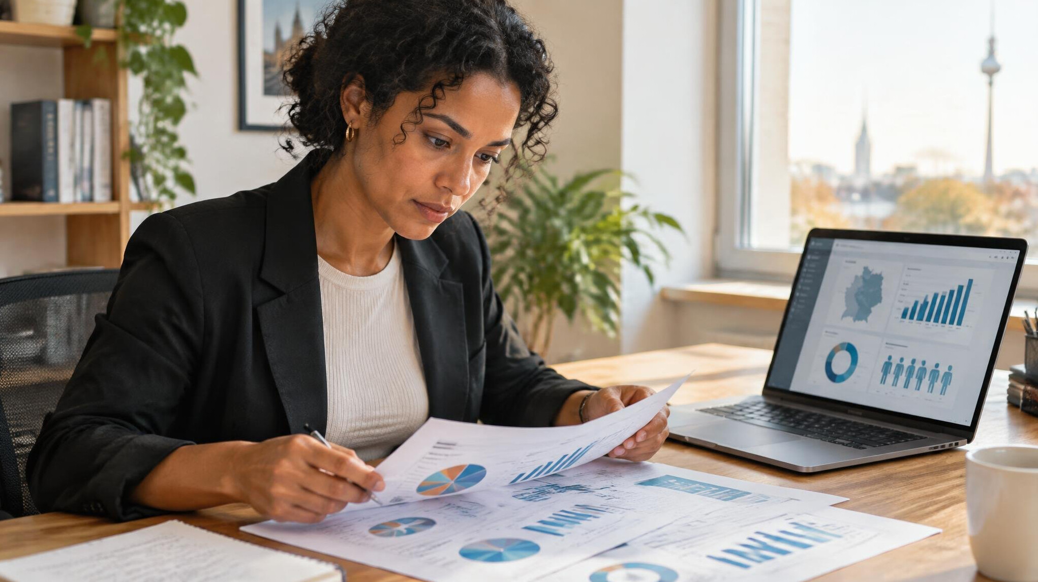 Researcher reviewing audience survey results on a laptop