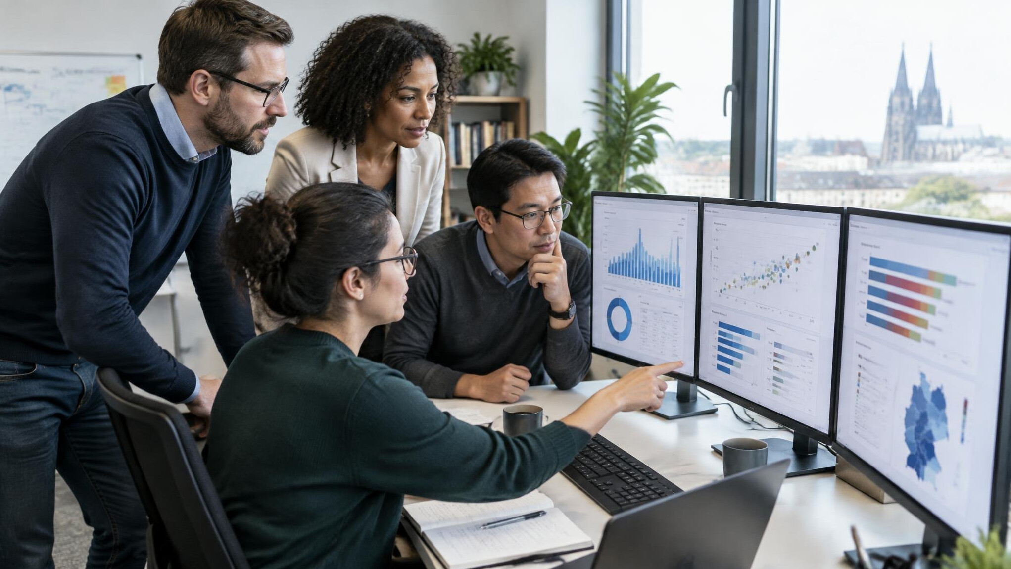 Researchers analyzing data charts on multiple screens in an office
