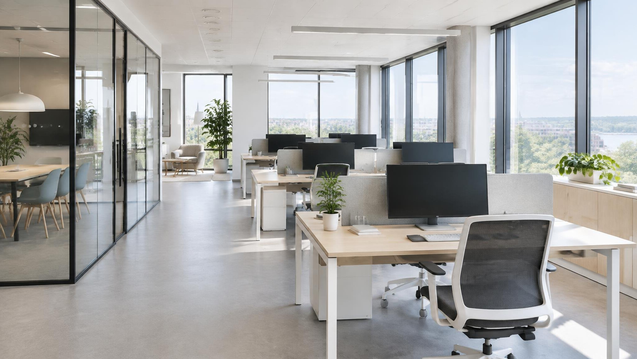 Modern glass office building interior with open workspace