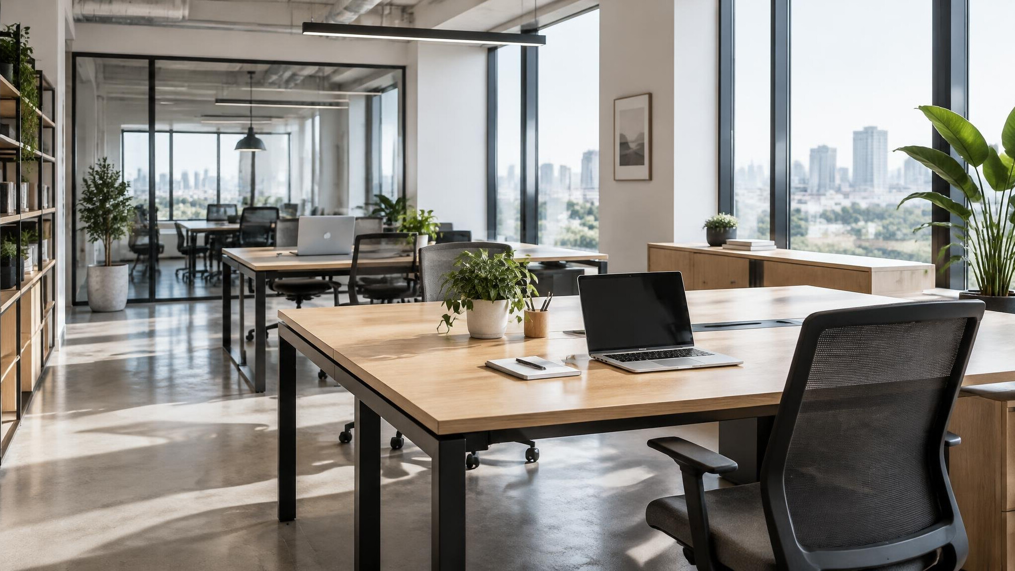 Empty modern workspace with desks and laptops