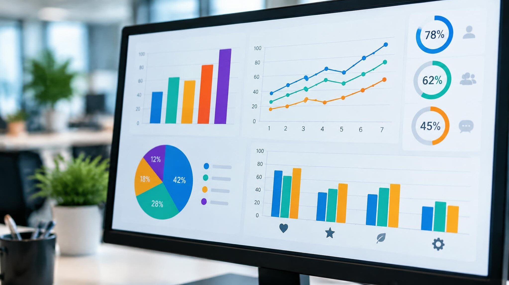 Close-up of statistical charts and graphs on a computer screen